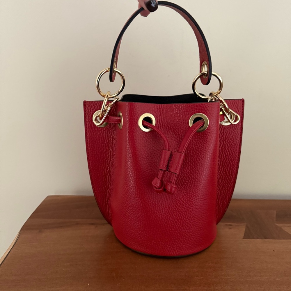 Small Red Bucket Bag with Crossbody Chain Strap